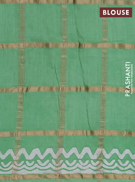 Semi chanderi saree teal green with allover zari checks & batik prints in borderless style
