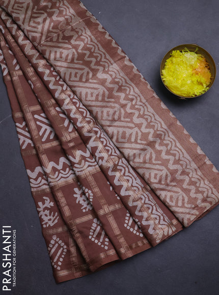 Semi chanderi saree brown with allover zari checks & batik prints in borderless style