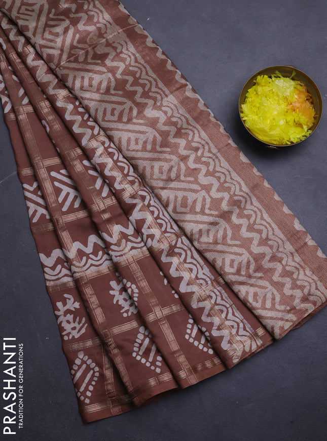 Semi chanderi saree brown with allover zari checks & batik prints in borderless style