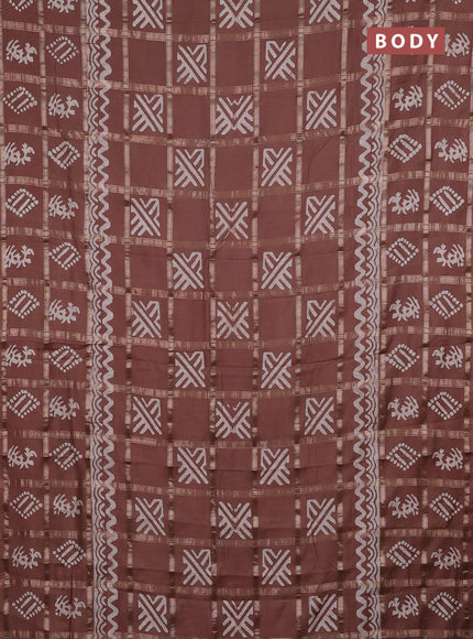 Semi chanderi saree brown with allover zari checks & batik prints in borderless style