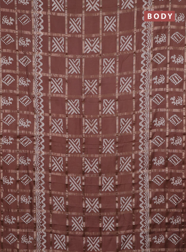 Semi chanderi saree brown with allover zari checks & batik prints in borderless style