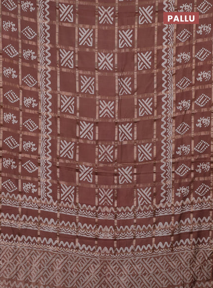 Semi chanderi saree brown with allover zari checks & batik prints in borderless style