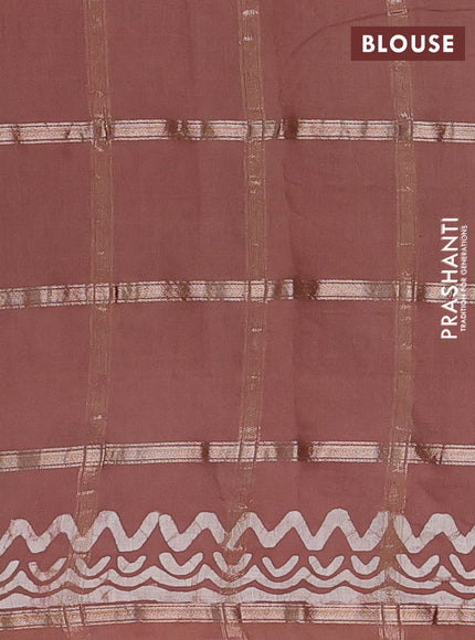 Semi chanderi saree brown with allover zari checks & batik prints in borderless style