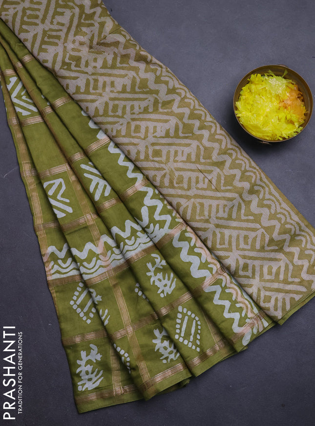 Semi chanderi saree olive green with allover zari checks & batik prints in borderless style