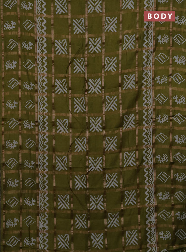 Semi chanderi saree olive green with allover zari checks & batik prints in borderless style