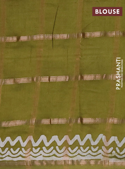 Semi chanderi saree olive green with allover zari checks & batik prints in borderless style