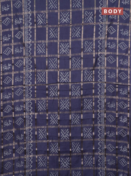 Semi chanderi saree grey shade with allover zari checks & batik prints in borderless style