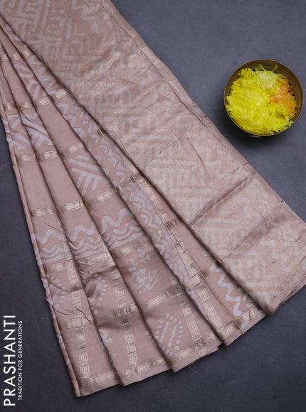Semi chanderi saree beige with allover zari checks & batik prints in borderless style