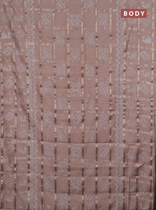 Semi chanderi saree beige with allover zari checks & batik prints in borderless style