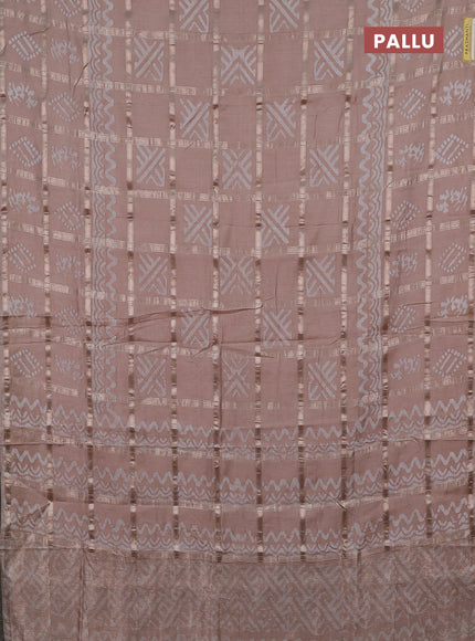 Semi chanderi saree beige with allover zari checks & batik prints in borderless style