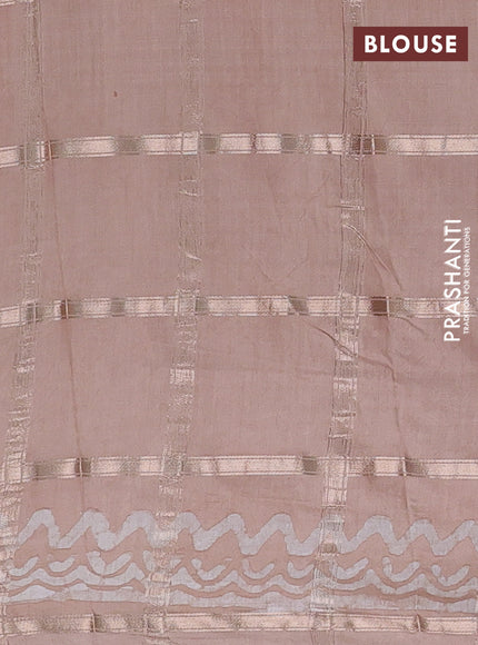 Semi chanderi saree beige with allover zari checks & batik prints in borderless style