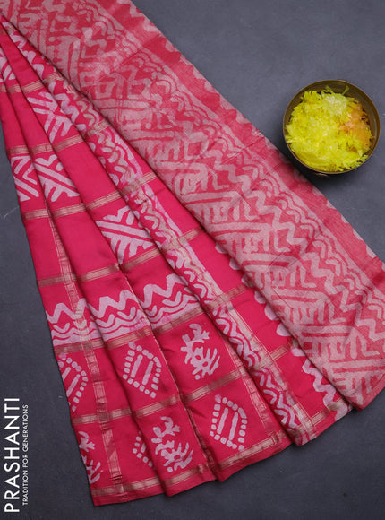 Semi chanderi saree peach pink with allover zari checks & batik prints in borderless style