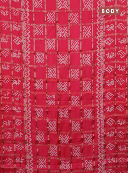 Semi chanderi saree peach pink with allover zari checks & batik prints in borderless style