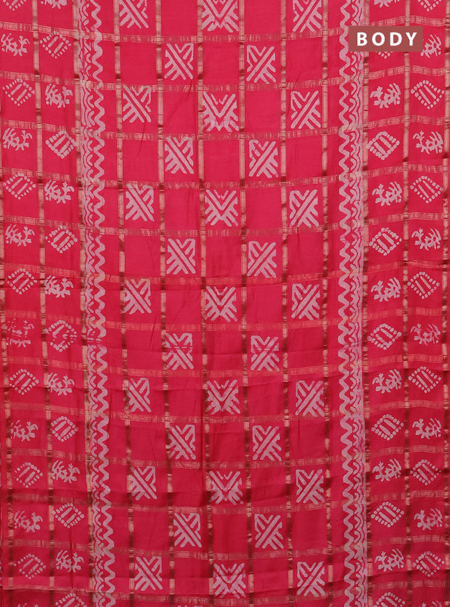 Semi chanderi saree peach pink with allover zari checks & batik prints in borderless style