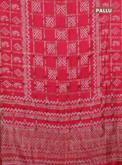 Semi chanderi saree peach pink with allover zari checks & batik prints in borderless style