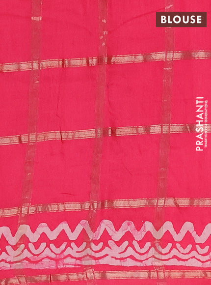 Semi chanderi saree peach pink with allover zari checks & batik prints in borderless style