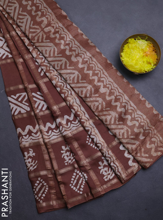 Semi chanderi saree deep brown with allover zari checks & batik prints in borderless style