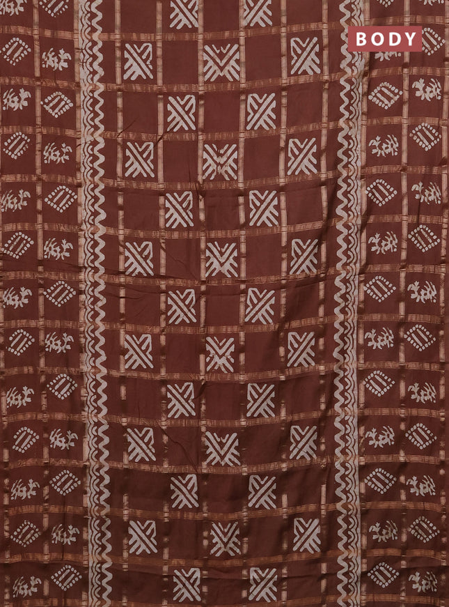 Semi chanderi saree deep brown with allover zari checks & batik prints in borderless style