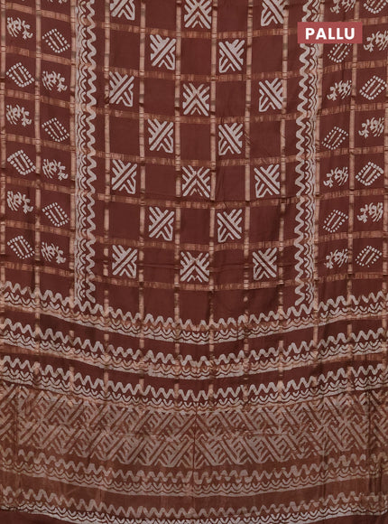 Semi chanderi saree deep brown with allover zari checks & batik prints in borderless style