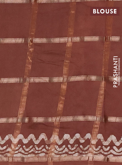 Semi chanderi saree deep brown with allover zari checks & batik prints in borderless style