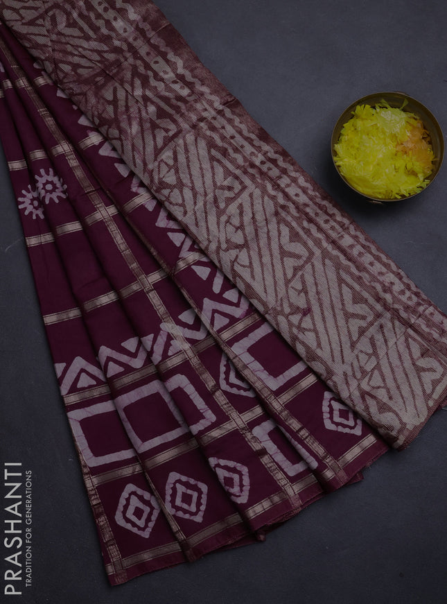 Semi chanderi saree wine shade with allover zari checks & batik prints in borderless style