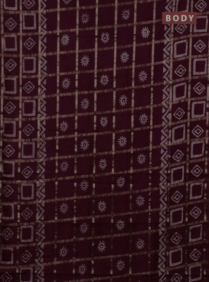 Semi chanderi saree wine shade with allover zari checks & batik prints in borderless style