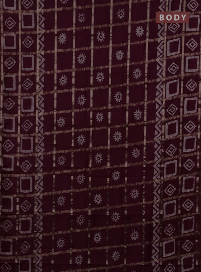 Semi chanderi saree wine shade with allover zari checks & batik prints in borderless style