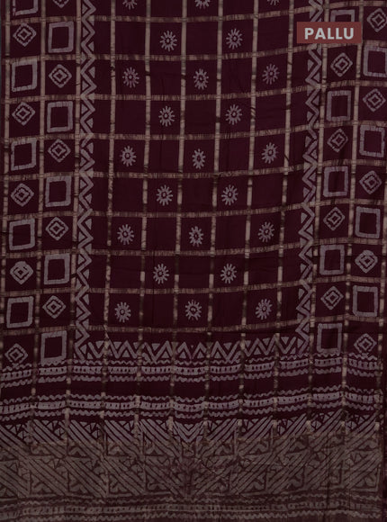 Semi chanderi saree wine shade with allover zari checks & batik prints in borderless style