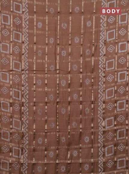 Semi chanderi saree pastel brown with allover zari checks & batik prints in borderless style