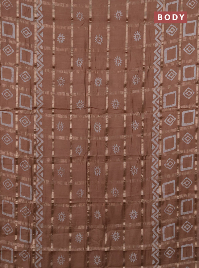 Semi chanderi saree pastel brown with allover zari checks & batik prints in borderless style