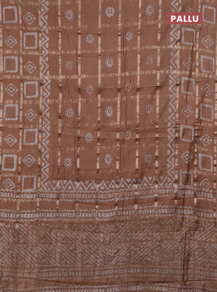 Semi chanderi saree pastel brown with allover zari checks & batik prints in borderless style