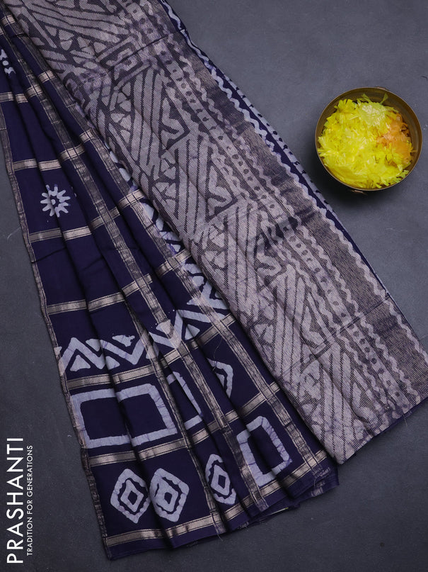 Semi chanderi saree navy blue with allover zari checks & batik prints in borderless style