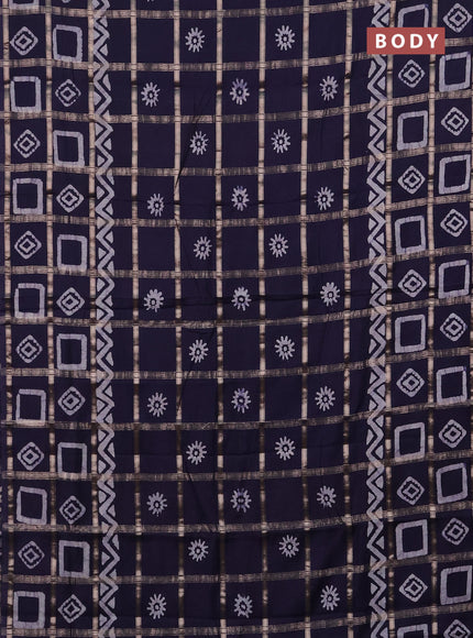 Semi chanderi saree navy blue with allover zari checks & batik prints in borderless style