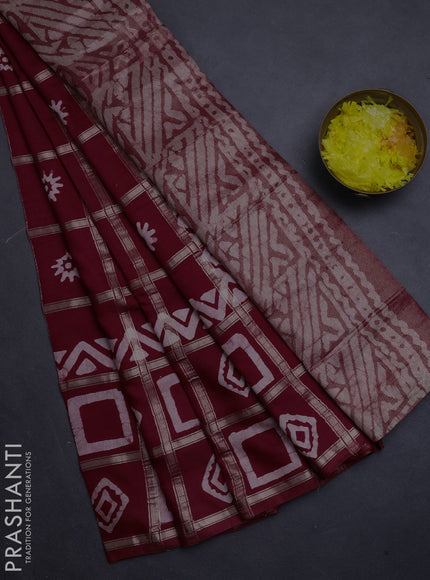 Semi chanderi saree maroon with allover zari checks & batik prints in borderless style
