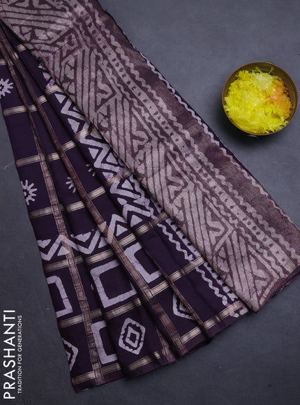 Semi chanderi saree jamun with allover zari checks & batik prints in borderless style
