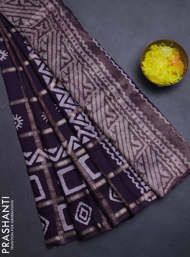 Semi chanderi saree jamun with allover zari checks & batik prints in borderless style
