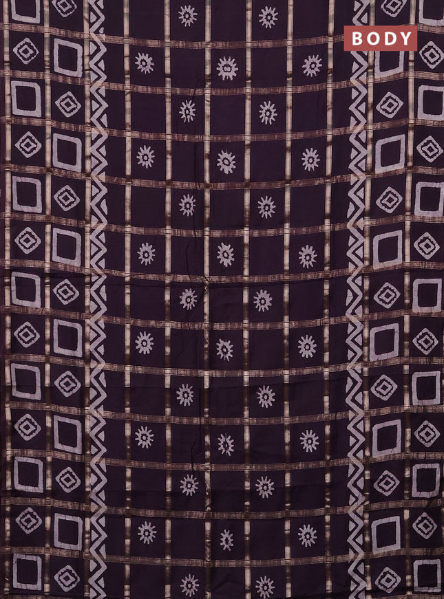 Semi chanderi saree jamun with allover zari checks & batik prints in borderless style