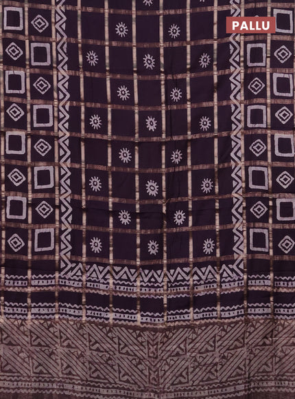 Semi chanderi saree jamun with allover zari checks & batik prints in borderless style