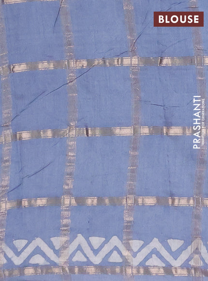 Semi chanderi saree grey shade with allover zari checks & batik prints in borderless style
