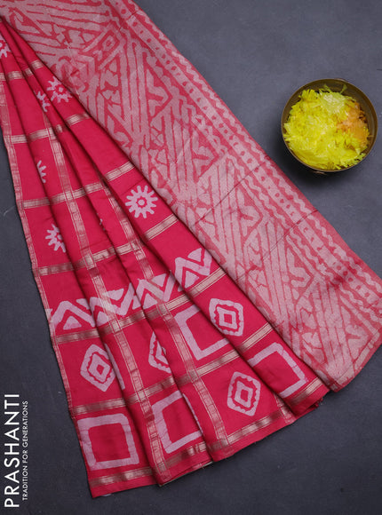 Semi chanderi saree peach pink with allover zari checks & batik prints in borderless style