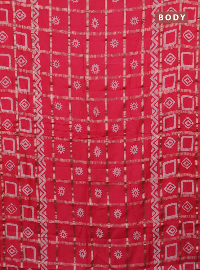 Semi chanderi saree peach pink with allover zari checks & batik prints in borderless style