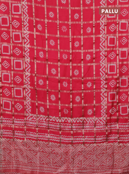 Semi chanderi saree peach pink with allover zari checks & batik prints in borderless style