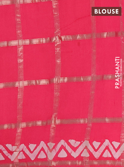 Semi chanderi saree peach pink with allover zari checks & batik prints in borderless style