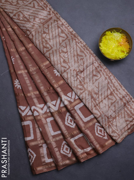 Semi chanderi saree brown with allover zari checks & batik prints in borderless style