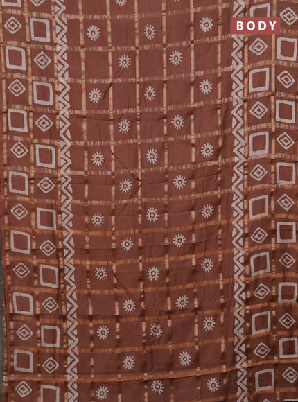 Semi chanderi saree brown with allover zari checks & batik prints in borderless style