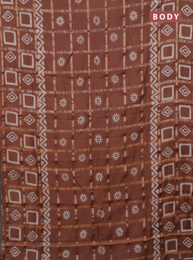 Semi chanderi saree brown with allover zari checks & batik prints in borderless style