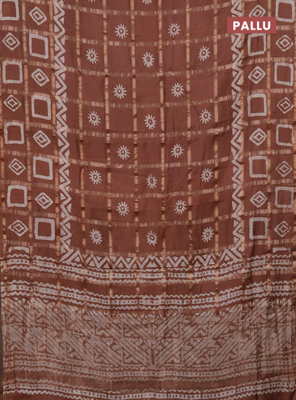 Semi chanderi saree brown with allover zari checks & batik prints in borderless style