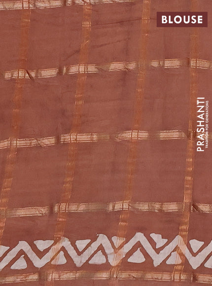 Semi chanderi saree brown with allover zari checks & batik prints in borderless style