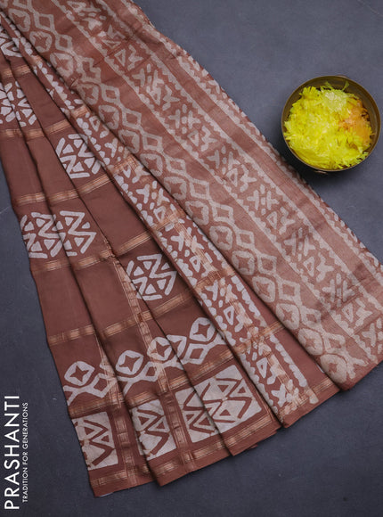 Semi chanderi saree brown with allover zari checks & batik prints in borderless style