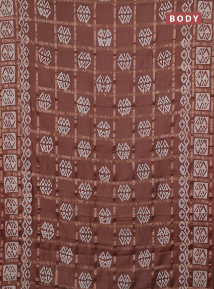 Semi chanderi saree brown with allover zari checks & batik prints in borderless style
